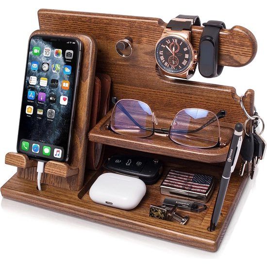 Houten telefoon dockingstation as boom portemonnee standaard & horloges organizer heren kerstcadeau echtgenoot echtgenote jubileum vader verjaardag nachtkastje portemonnee vader afstuderen man (beige)