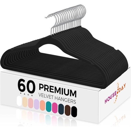 Hangers, 60 stuks, fluwelen hangers, antislip vilten hangers, ruimtebesparend, premium zwarte kostuumhanger, 360° roterende haak