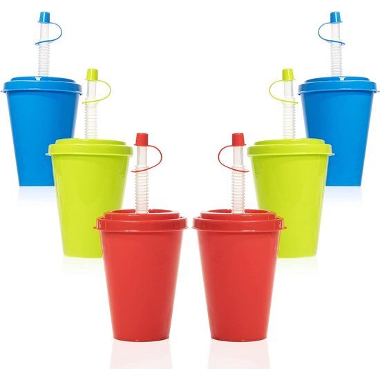 Drinkbekerset met rietje en deksel, herbruikbare 400 ml beker van kunststof, voor kinderen en volwassenen (blauw, groen, rood, set van 6)