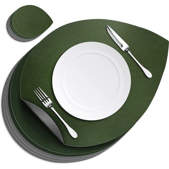 Placemat leeg, set van 6 inclusief onderzetters, afwasbaar, dubbelzijdig antislip, placemat, PU-leeg, tweekleurig (groen/grijs)