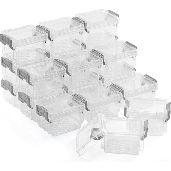 Opbergdoos met deksel, klein, 20 stuks, stapelbare opbergdozen, klein, voor kunstbenodigdheden, stickers, ijzerwaren, opbergdoos parels met kliksluitingen, 9 x 7 x 5 cm