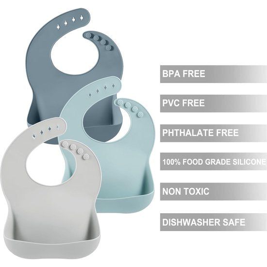3-delige siliconen slabbetjes voor baby's voor jongens en meisjes, waterdichte slabbetjes met opvangbak, instelbaar afwasbaar, babyslabbetje, siliconen slabbetje met grote zak voor het