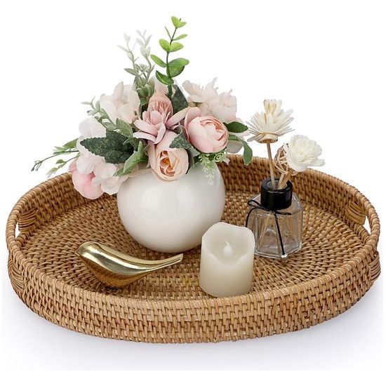 Ovaal rotan dienblad Decoratief displayblad met handvat Tafelorganisatorbak voor koffiedranken Vanity Thee Kaarsornament (35x26cm)