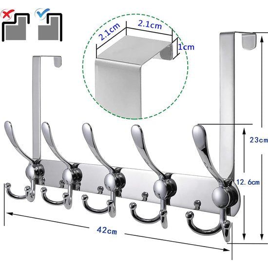 Roestvrijstalen deurhaak, deurkapstok met 15 haken, deurkapstokhaak zonder boren, deurkapstokhaak voor keuken, badkamer, hal en slaapkamer (zilver, deursponningdikte tot 2 cm)