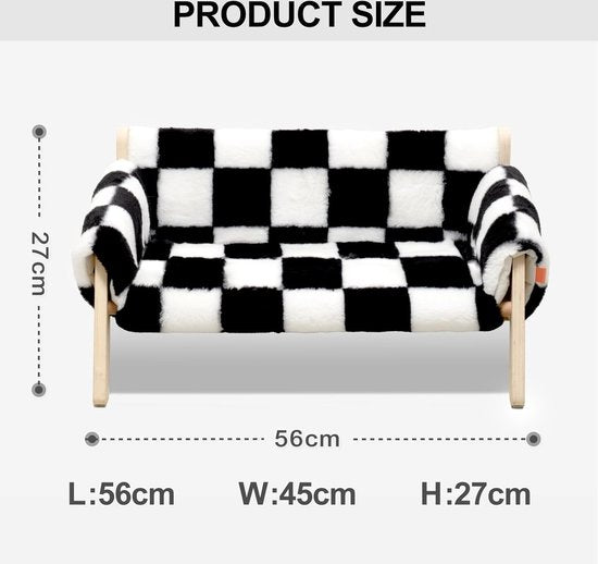 Verhoogde kattenslaapbank van hout, 56x45cm Robuuste grote kattenbank - Modieuze kattenstoel met afneembare matrashoes Houdt 10 kg (dambord, 56x45cm)