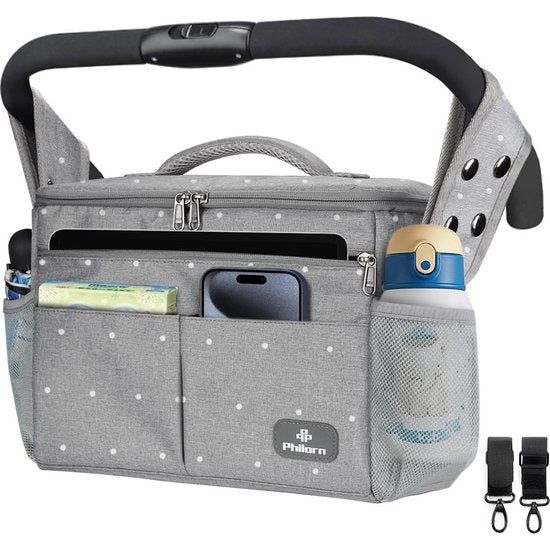 Pram Organiser with Insulated Drink Holder, Shoulder Strap, Large Capacity, Universal Baby Pram Bag, Grey with Dots