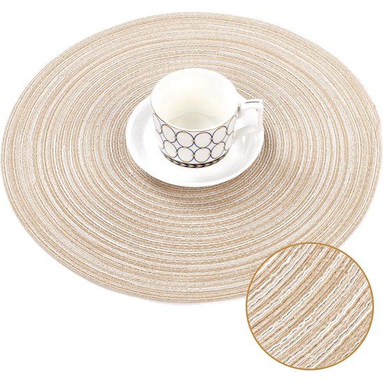 Set van 6 ronde geweven katoenen handgemaakte placemats afveegbare placemats glitter voor vakantiefeest, bruiloft