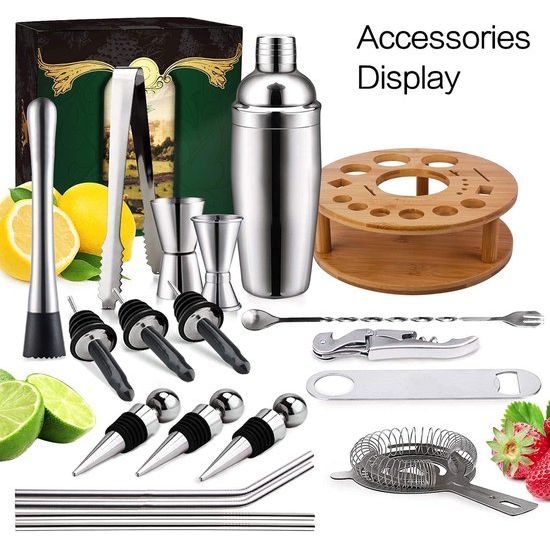CGPN  Cocktail Shaker Set – 19 delige roestvrijstalen bartensil set met roterende bamboe standaard – perfecte barset tools voor een fantastische drankmix ervaring