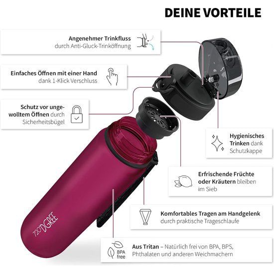 uberBottle" softTouch drinkfles + zeef - 1 L - BPA-vrij - Waterfles voor universiteit, sport, fitness, fietsen, outdoor - Sportfles gemaakt van Tritan - Lichtgewicht, onbreekbaar, duurzaam