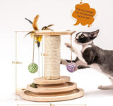 Houten kattenspeelgoedroller 2-laags draaitafel Interactief kattenspeelgoed met veren, 3-in-1 kittenspeelgoed Interactieve ballen en hangende ballen en kattenkrabben