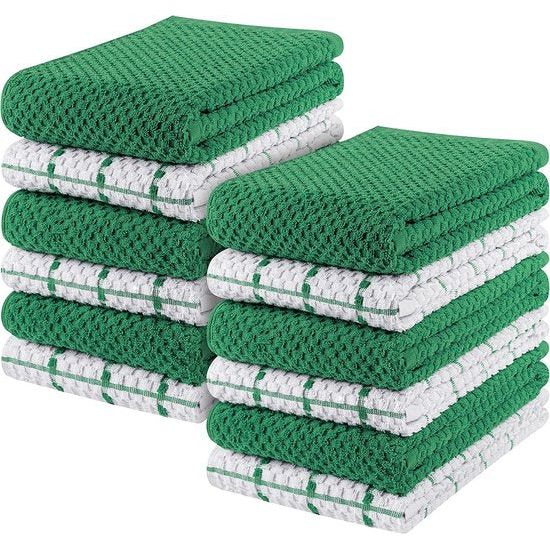 Towels - Set van 12 theedoeken, keukendoeken, 38 x 64 cm, katoenen theedoeken, machinewasbaar, groen en wit