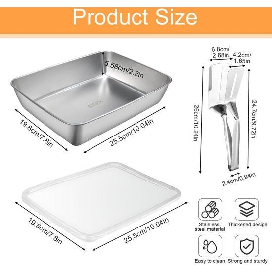 Bakplaat met deksel, taartplaat, roestvrijstalen bakvorm, 25,5 x 19,8 cm, lekbak, ovenschaal, taartplaat met deksel, rechthoekig, kunststof steakklemmen, diepe ovenschaal voor taarten, brownies, lasagne
