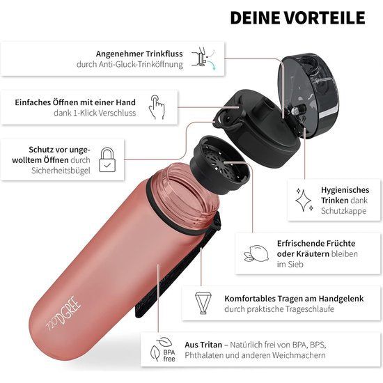 SoftTouch-drinkfles "uberBottle" + zeef - 650 ml - BPA-vrij - lekvrije waterfles voor kinderen, school, universiteit, sport, fitness - Tritan bidon - licht en onbreekbaar