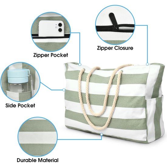 Strandtas, strepen, tote bag, badtas, waterdicht, strandtas, groot, met ritssluiting, shopper, tas, strandtas, XXL, familie, boodschappentas, schoudertas, universiteit, reistas, reistas,