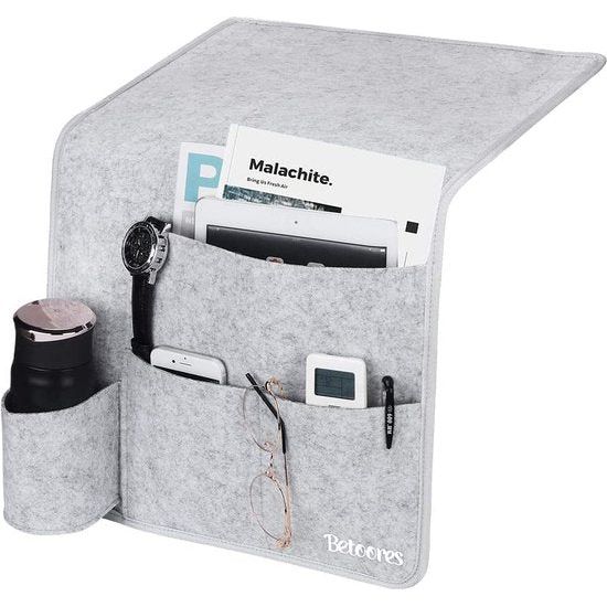 Bedorganizer, nachtkastje organizer, vilten bedplank organizer met flessenhouder voor boek, tijdschriften, iPad, mobiele telefoon, afstandsbediening - lichtgrijs