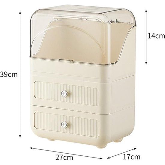 Make-up organizer met deksel en 2 laden, stofdicht, grote capaciteit, beauty-organizer voor kaptafel, badkamer, slaapkamer