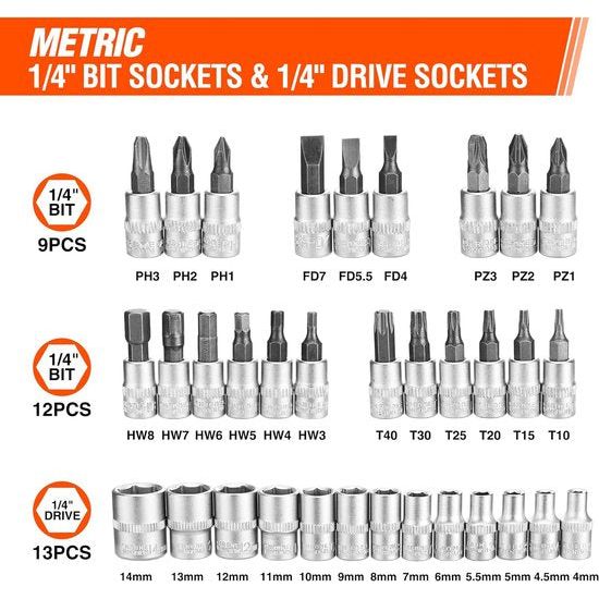 Steeksleutelset 46-delig Cr-V stalen steeksleutel met 1/4 inch ratel, steeksleutel, bitset, dopsleutelinzetstukken, gereedschapskoffer