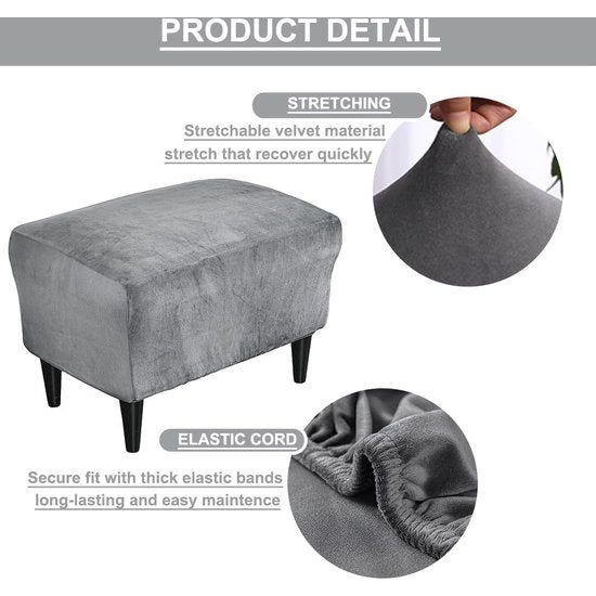 Ottomaanse hoes voor krukhoes - fluwelen kruk voor voetenbank, rechthoekig, stretch overtrek, poef, beschermer, wasbare stoelhoes - Grijs, 1 stuk