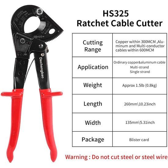 Zwaar uitgevoerde aluminium koperen rateldraadschaar HS325A, snijdt tot 240 mm² rateldraadschaar en draadkabelschaar