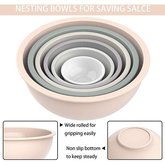 Mengkom, set van 6, plastic Nist slakom met deksel, kom met deksel, inclusief 2 vorken en 4 maatlepels, BPA-vrij en stapelbaar, ideaal voor mixen en serveren (kaki, 18)