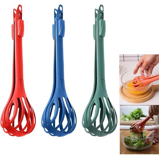 2-in-1 Whisk Food Clip & Egg Whisk, Pack of 3 Multifunctional Egg Beater Manual Egg Whisk, Noodle Spaghetti Tongs, Food Clips, Hand Egg Beater (3 Pieces)