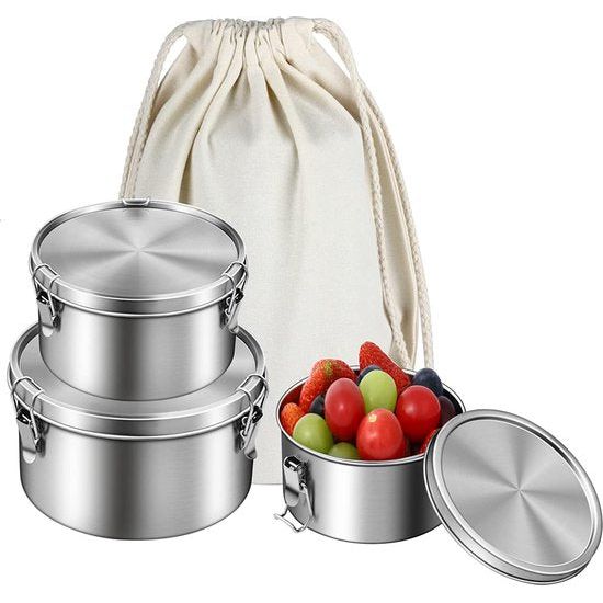 Lunchbox van roestvrij staal, ronde Lunchbox, 3 stuks, voor kinderen en volwassenen, Bento box met vakken voor werk, school en kleuterschool, met naamgravering (enkel, roestvrij staal (250/480/780 ml)