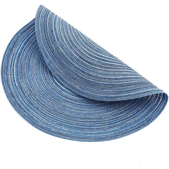 Set van 6 placemats wasbaar rond blauwe placemats rond gevlochten hittebestendige placemats rond wasbare vuilafstotende placemats voor bruiloft, restaurant, keuken, feest