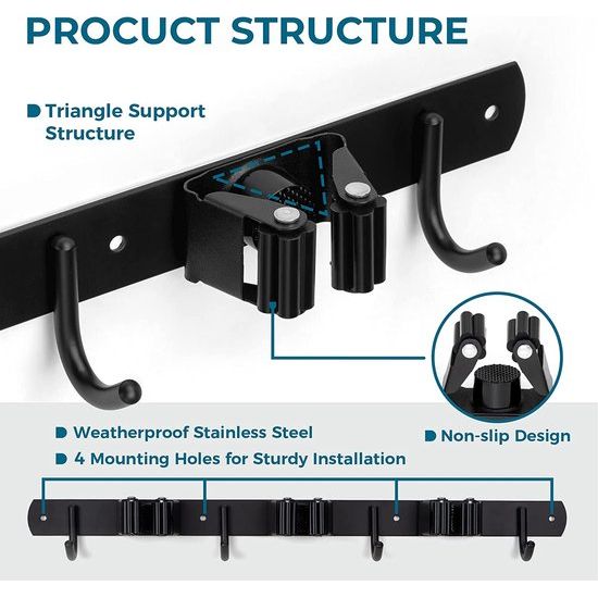 Damita bezemhouder voor muur, mophouder, wandhouder, bezem voor thuis, keuken, badkamer, tuingereedschap, roestvrij staal, antislip, wandhouder, 2 stuks (zwart, 3 houders en 4 haken)