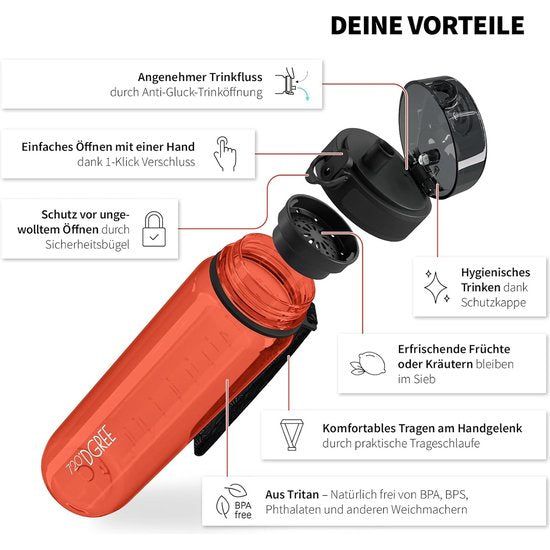 uberBottle crystalClear Drinkfles + Zeef - 1 L - BPA-vrij - Waterfles voor sport, sportschool, fitness, fietsen, buitenshuis, universiteit - Sportfles gemaakt van Tritan - Licht, onbreekbaar, duurzaam