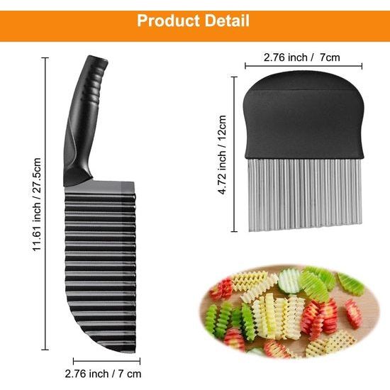 2 stuks gekleurd mes voor gekarteld snijden van roestvrij staal, golvend aardappelmes, golfmes, golfsnijmes voor groenten, fruit, fruit, aardappel, zwart