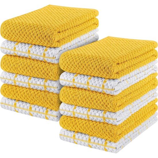 Set van 12 theedoeken, 38 x 64 cm, katoenen theedoeken, machinewasbaar (geel en wit)