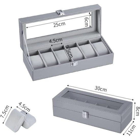 Horlogedoos, horlogedoos voor heren, voor 6 horloges, met glazen venster, horloge-opslag van PU-leer en fluweel, voor horloges en sieraden (grijs-W04G)