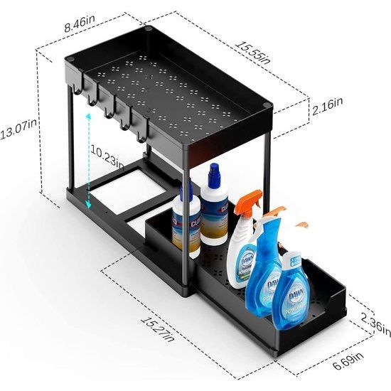 Vaatwaskastorganizer - 2 stuks onder wastafel rek organizer - uittrekbare opbergrek organizer met 16 haken, zwart