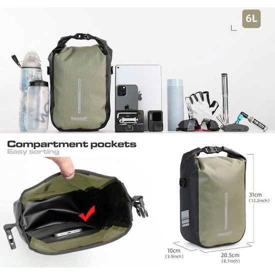 Fietstas, bagagedragertas, waterdicht, fietstas voor bagagedrager, zadeltas 6 l, schoudertas, laptopbagagedrager, professionele fietsaccessoires, groen