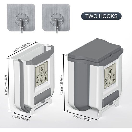 Opvouwbare hangende afvalemmer met deksel, keuken, camping, opvouwbare afvalemmer, keuken, afvalemmer, ophangbaar voor keuken/camping/auto/badkamer/kantoor/slaapkamer (grijs)