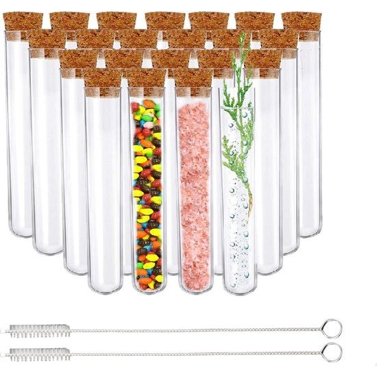 50 stuks reageerbuisjes met korte, 15 ml plastic, transparante reageerbuisjes met 2 borstelharen, reageerbuisjes van hard plastic, verklarende reageerbuisjes voor bloemen voor bruiloften, badzoutsnoepjes (108 x 18 mm)