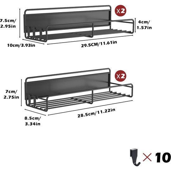 Koelkast-magneet, kruidenrek, set van 4 magnetische kruidenrekken, organizer met 10 haken, ruimtebesparend, voor koelkast en magnetron, zwart