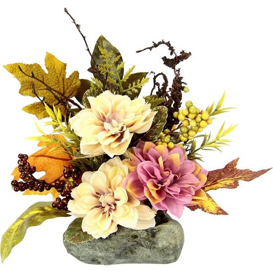 Kunst Dahlia Arrangement op Kunststeen Kunstbloemen Herfst Arrangement Halloween Kunstdecoraties Tafelornamenten voor Halloween Thanksgiving Herfstdecoratie