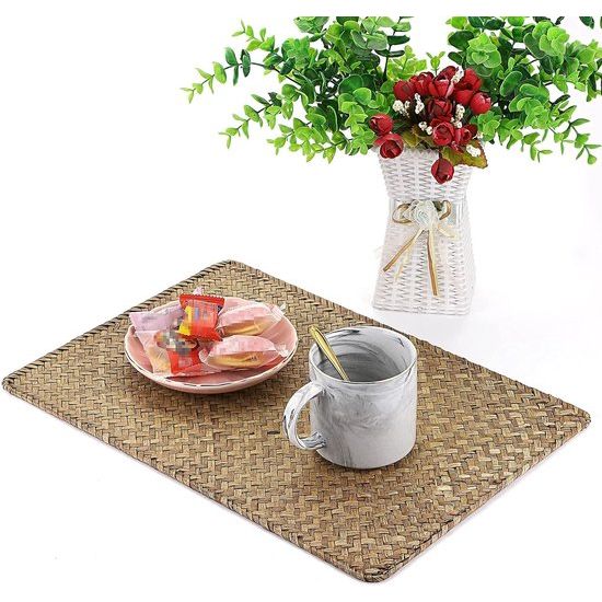 Set van 6 natuurlijk zeegras rotan placemats, geweven tafelmat, koffiepad voor eettafel en keuken, rechthoekig, 17 x 11,8 inch (koffie)