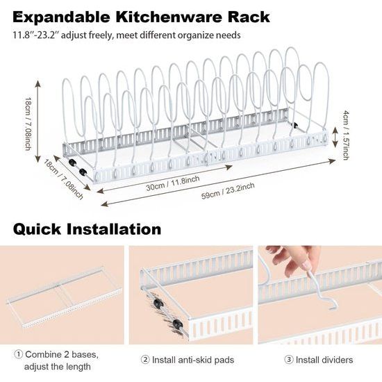Housolution pannenhouder voor lade, uitbreidbare potdekselhouder met 14 verstelbare verdelers, potdeksel opbergpan organizer dekselhouder voor keuken, wit