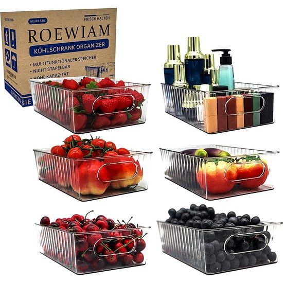 Koelkast Organizer Set van 6 Inclusief 1 Groentesnijder & 12 Clips, Keuken Opbergdoos & Organisatie, Stapelbare Koelkast Organizer Box, Geschikt voor Keuken/Kantoor/Slaapkamer, (Nieuwe Stijl)