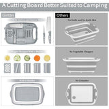 9-in-1 snijplank, multifunctioneel, keuken met 5 groentesnijders en 2 messen, draagbaar, kunststof, opvouwbare afvoermand voor camping, barbecue, outdoor