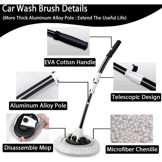 15° boog autowasborstel met lange handgreep, telescoop staal, 109 cm, aluminium autoborstels, zachte autowasmop, flagrant, reinigingsborstels voor vrachtwagens, suv, caravans, wasborstel, camper, microvezelmop