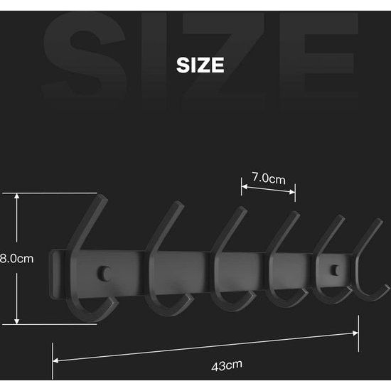 Kapstok, 6 haken, roestvrij staal, kledinghaken, garderobehaken, dubbele haken, belastbaar tot 30 kg, zwart, 1 stuk