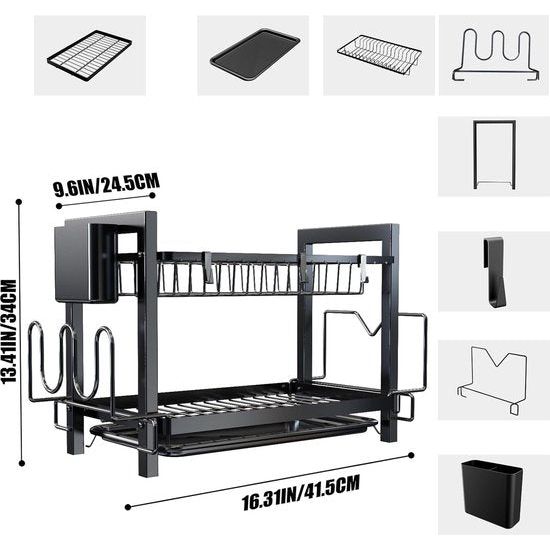 2 etages frame voor het afdrogen van servies, grote capaciteit, afdruiprek met accessoires, organzie, afdruiprek met snijplankhouder, plus 3 haken, zwart