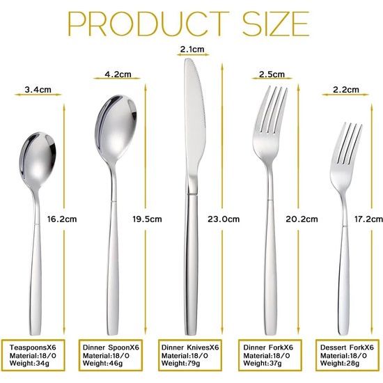 Bestekset voor 6 personen, 30-delige roestvrijstalen bestekset, bestek incl. mes/vork/lepel, spiegelgepolijst, vaatwasmachinebestendig (zilver)