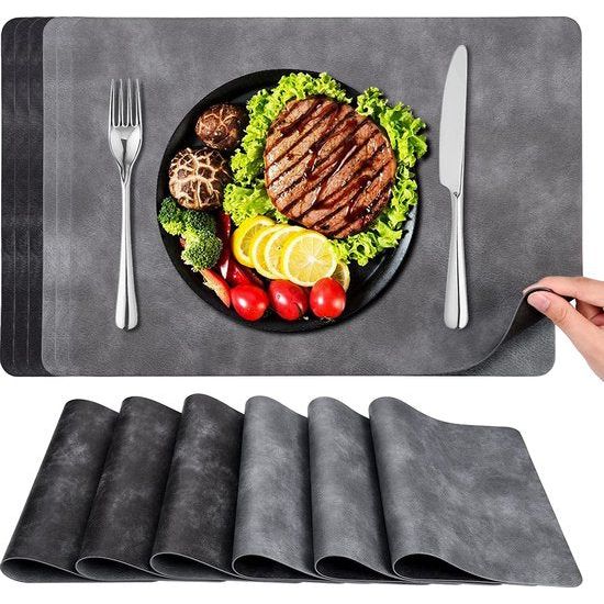 Afwasbare placemat, leeg, placemat, set van 6 stuks, PU-leeg, dubbelzijdig waterdicht, antislip, hittebestendig, voor thuis, restaurant, premium hotel, 43 x 30 cm, zwart wit