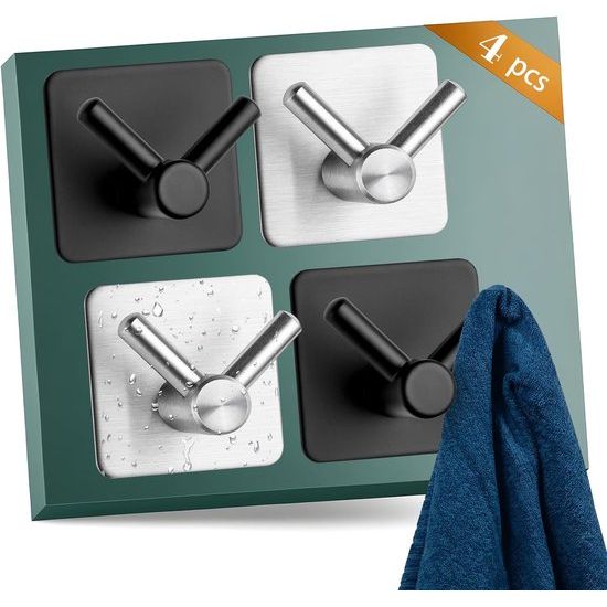 Handdoekhaken, handdoekrail, 4 stuks, zonder boren, zelfklevende haken, badkamer roestvrijstalen haken met twee schakels, stijlvolle muurhaken, extra sterke zelfklevende haken, geschikt voor thuis, badkamer, kantoor