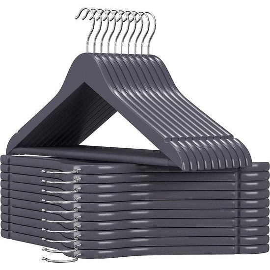 Kleerhangers van hout, set van 20 massief hout, inkepingen op de schouders, antislip broekbrug, 360 graden draaibare haak, voor pakken, overhemden, grijs-zilver