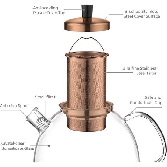 Originele bronzen theepot van 1500 ml gemaakt van borosilicaatglas, met een afneembare 18/8 roestvrijstalen zeef. Roestvrij, hittebestendig en geschikt voor zwarte thee, groene thee, fruitthee, geurthee en theezakjes.